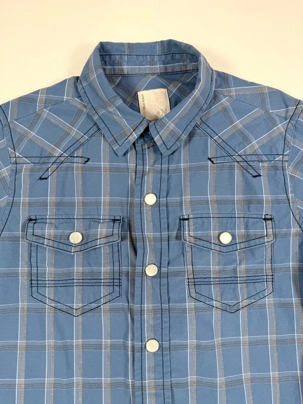 OLD NAVY Boys Y2K Western‎ Pearl Snap Plaid Short Sleeve Shirt XS Ranch Cowboy
